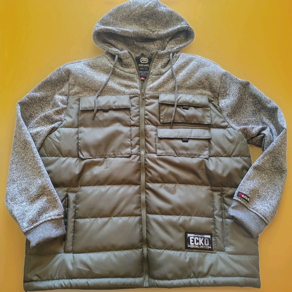 Ecko Unltd Puffer Jacket Mens 3XL‎ Green/Grey  Full Zip NWT  Rawthentic